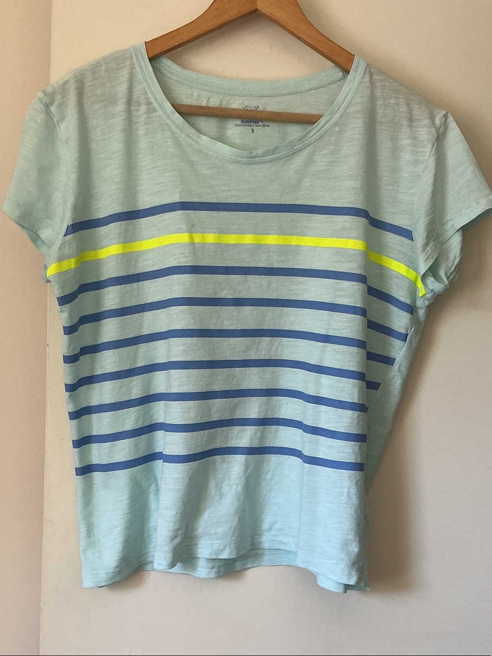 VINEYARD VINES Light Blue Striped Tee with Neon Accent - Women's Top